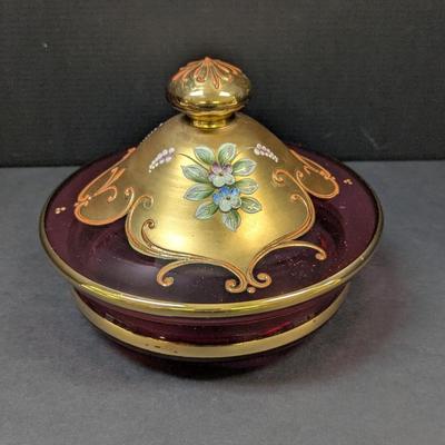 Bohemian Glass Ruby Red Gilded Painted Covered Trinket Candy Dish