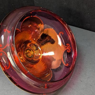 Bohemian Glass Ruby Red Gilded Painted Covered Trinket Candy Dish