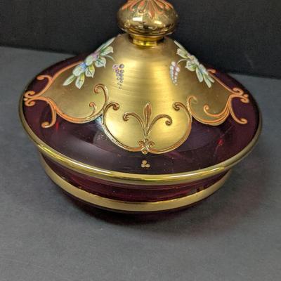 Bohemian Glass Ruby Red Gilded Painted Covered Trinket Candy Dish