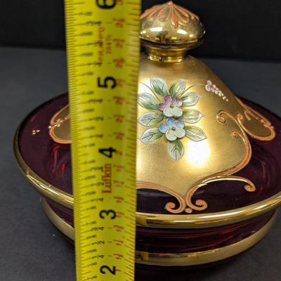 Bohemian Glass Ruby Red Gilded Painted Covered Trinket Candy Dish