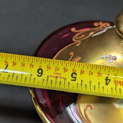 Bohemian Glass Ruby Red Gilded Painted Covered Trinket Candy Dish