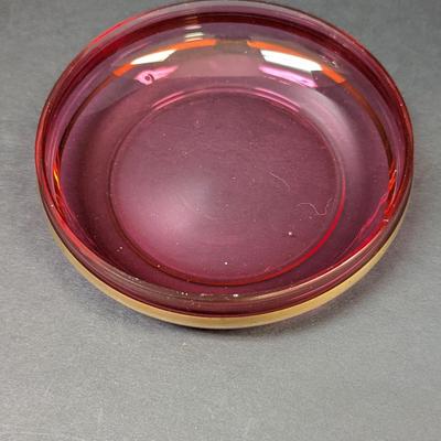 Bohemian Glass Ruby Red Gilded Painted Covered Trinket Candy Dish