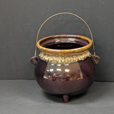 Vintage Hull Brown Pottery Pot Cauldron Wire Handle Footed Planter Pot