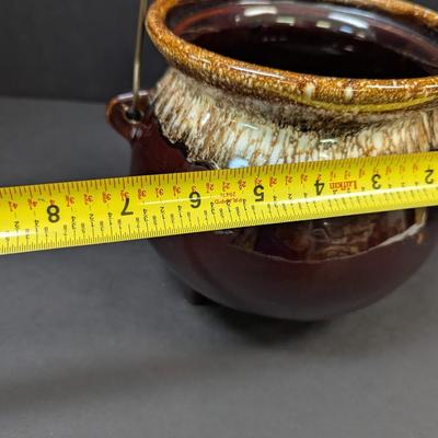 Vintage Hull Brown Pottery Pot Cauldron Wire Handle Footed Planter Pot