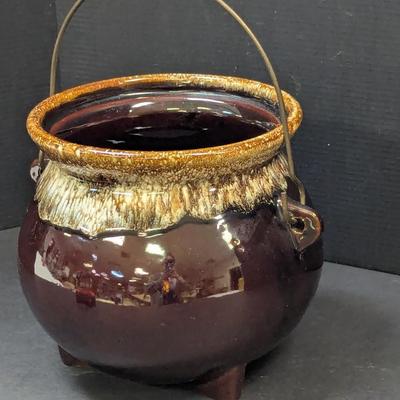 Vintage Hull Brown Pottery Pot Cauldron Wire Handle Footed Planter Pot