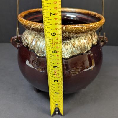 Vintage Hull Brown Pottery Pot Cauldron Wire Handle Footed Planter Pot