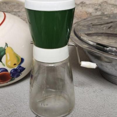 Sale Photo Thumbnail #2: Awesome vintage transfer ball pitcher, chromex serving bowl with lid and avocado green nut chopper