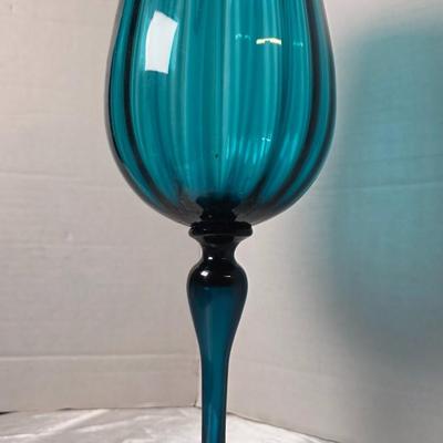 Vintage Empoli Italian Teal Optic Ribbed Glass Goblet Vase – Mid-Century Modern Pedestal Snifter