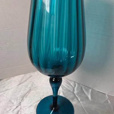 Vintage Empoli Italian Teal Optic Ribbed Glass Goblet Vase – Mid-Century Modern Pedestal Snifter