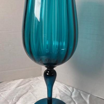 Vintage Empoli Italian Teal Optic Ribbed Glass Goblet Vase – Mid-Century Modern Pedestal Snifter