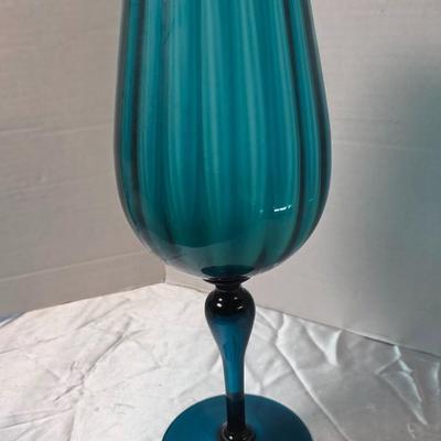 Vintage Empoli Italian Teal Optic Ribbed Glass Goblet Vase – Mid-Century Modern Pedestal Snifter