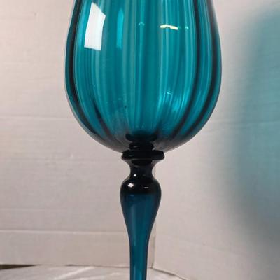 Vintage Empoli Italian Teal Optic Ribbed Glass Goblet Vase – Mid-Century Modern Pedestal Snifter