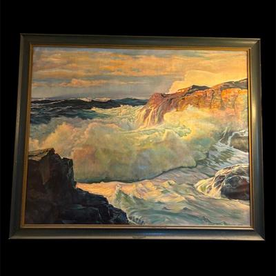 1950 Framed Seascape Original Canvas Oil Painting - Signed Herald Beldon Lot #J11