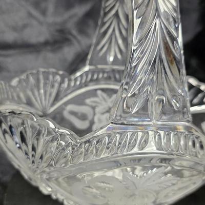Vintage Clear Cut Glass Handled Basket with Etched Fruit & Leaf Motif – Scalloped Rim Brides Basket