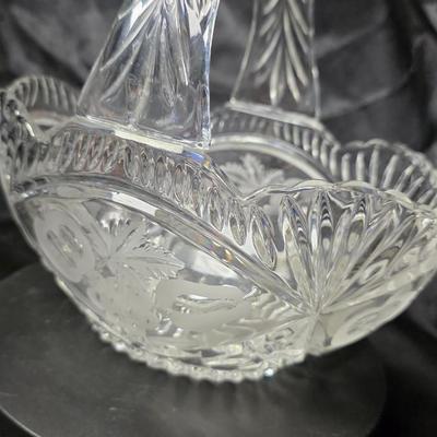 Vintage Clear Cut Glass Handled Basket with Etched Fruit & Leaf Motif – Scalloped Rim Brides Basket