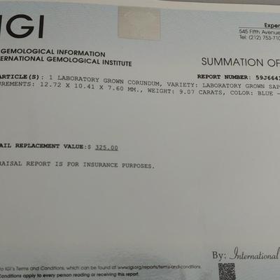 IGI CERTIFIED LAB GROWN BLUE SAPPHIRE 9.07 CT