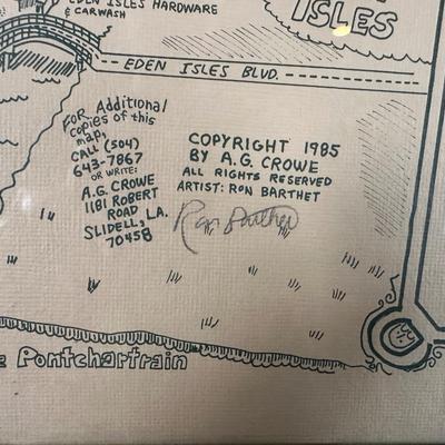 1985 Slidell, Louisiana Illustrated Map – Olde Towne – Framed & Signed