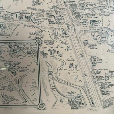 1985 Slidell, Louisiana Illustrated Map – Olde Towne – Framed & Signed