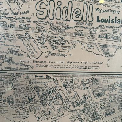 1985 Slidell, Louisiana Illustrated Map – Olde Towne – Framed & Signed