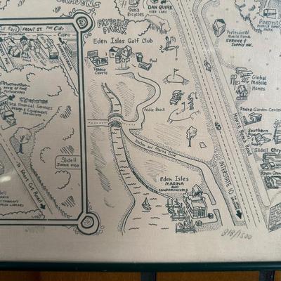 1985 Slidell, Louisiana Illustrated Map – Olde Towne – Framed & Signed