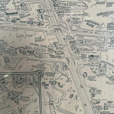 1985 Slidell, Louisiana Illustrated Map – Olde Towne – Framed & Signed