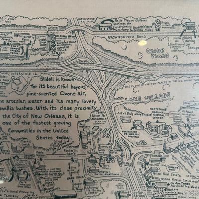 1985 Slidell, Louisiana Illustrated Map – Olde Towne – Framed & Signed