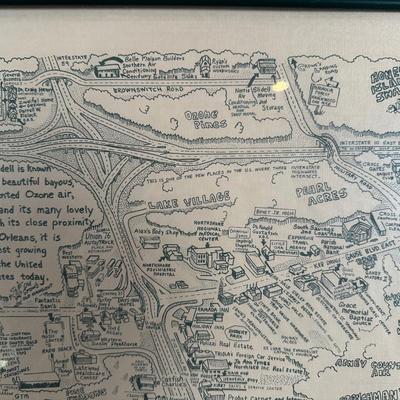 1985 Slidell, Louisiana Illustrated Map – Olde Towne – Framed & Signed