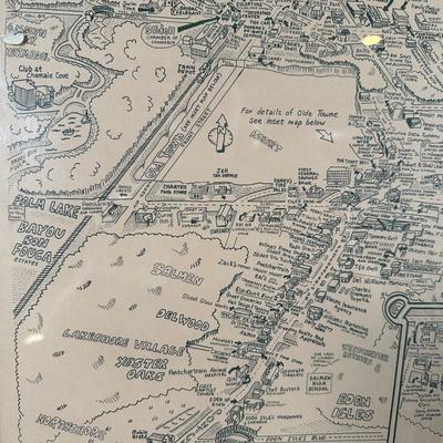 1985 Slidell, Louisiana Illustrated Map – Olde Towne – Framed & Signed