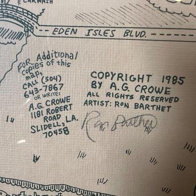 1985 Slidell, Louisiana Illustrated Map – Olde Towne – Framed & Signed