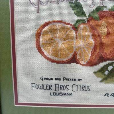 Framed Vintage Needlepoint “Golden Harvest” Citrus Art – Fowler Bros Citrus, Louisiana