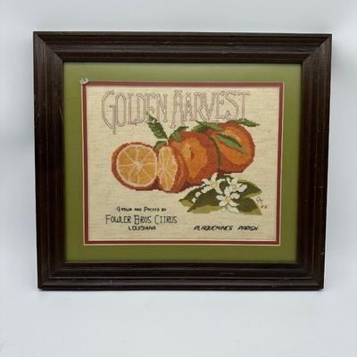 Framed Vintage Needlepoint “Golden Harvest” Citrus Art – Fowler Bros Citrus, Louisiana