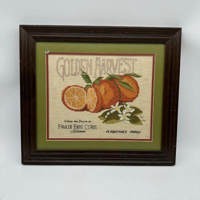 Framed Vintage Needlepoint “Golden Harvest” Citrus Art – Fowler Bros Citrus, Louisiana