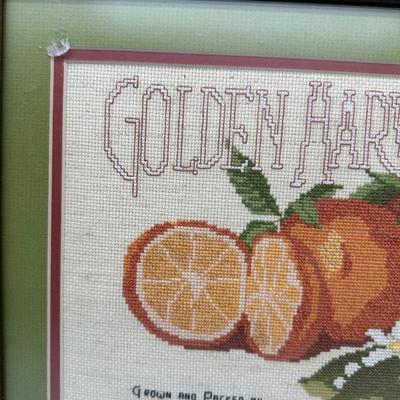 Framed Vintage Needlepoint “Golden Harvest” Citrus Art – Fowler Bros Citrus, Louisiana