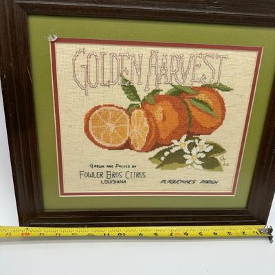 Framed Vintage Needlepoint “Golden Harvest” Citrus Art – Fowler Bros Citrus, Louisiana
