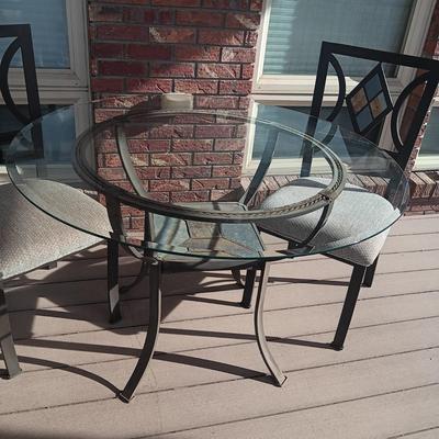 METAL FRAME, GLASS TOP ROUND TABLE WITH 2 MATCHING CHAIRS