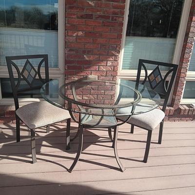 METAL FRAME, GLASS TOP ROUND TABLE WITH 2 MATCHING CHAIRS