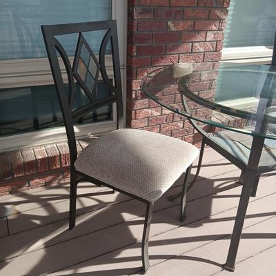 METAL FRAME, GLASS TOP ROUND TABLE WITH 2 MATCHING CHAIRS