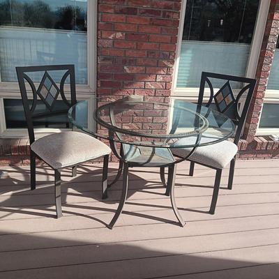 METAL FRAME, GLASS TOP ROUND TABLE WITH 2 MATCHING CHAIRS