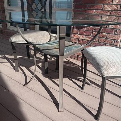 METAL FRAME, GLASS TOP ROUND TABLE WITH 2 MATCHING CHAIRS