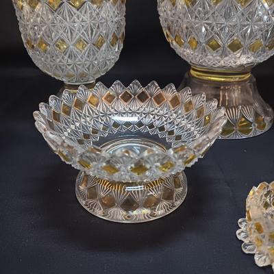 KING GLASS NO 25 FINE CUT AND BLOCK PITCHER AND SERVING BOWLS