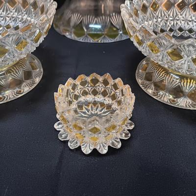 KING GLASS NO 25 FINE CUT AND BLOCK PITCHER AND SERVING BOWLS