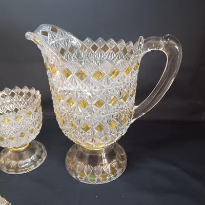 KING GLASS NO 25 FINE CUT AND BLOCK PITCHER AND SERVING BOWLS