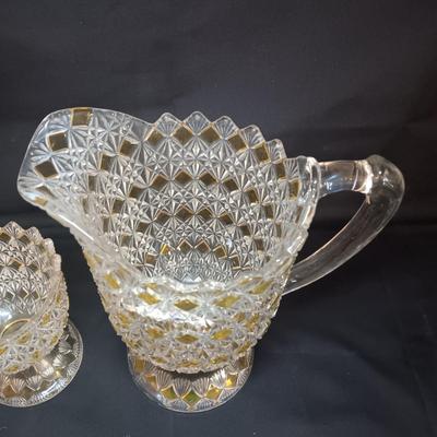 KING GLASS NO 25 FINE CUT AND BLOCK PITCHER AND SERVING BOWLS