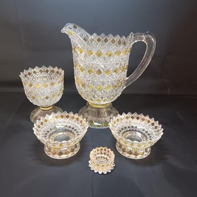 KING GLASS NO 25 FINE CUT AND BLOCK PITCHER AND SERVING BOWLS