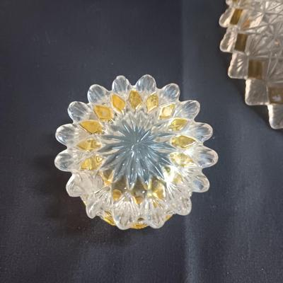 KING GLASS NO 25 FINE CUT AND BLOCK PITCHER AND SERVING BOWLS