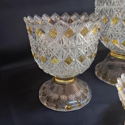 KING GLASS NO 25 FINE CUT AND BLOCK PITCHER AND SERVING BOWLS