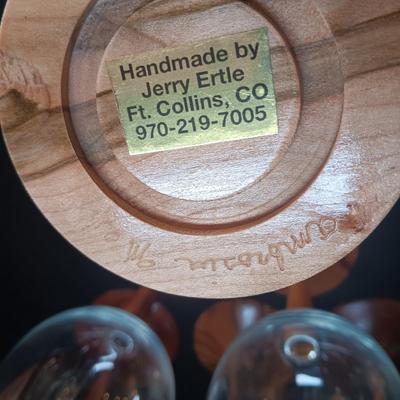 9" WINE GLASSES, EACH WITH DIFFERENT TYPE OF WOODEN STEMS, HANDMADE BY JERRY ERTLE OF FT COLLINS, CO