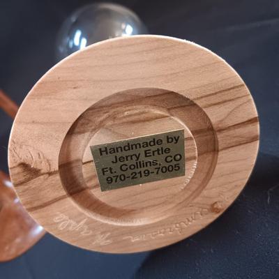 9" WINE GLASSES, EACH WITH DIFFERENT TYPE OF WOODEN STEMS, HANDMADE BY JERRY ERTLE OF FT COLLINS, CO