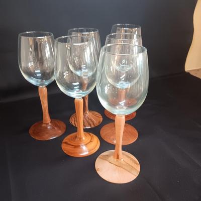 9" WINE GLASSES, EACH WITH DIFFERENT TYPE OF WOODEN STEMS, HANDMADE BY JERRY ERTLE OF FT COLLINS, CO