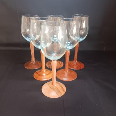 9" WINE GLASSES, EACH WITH DIFFERENT TYPE OF WOODEN STEMS, HANDMADE BY JERRY ERTLE OF FT COLLINS, CO